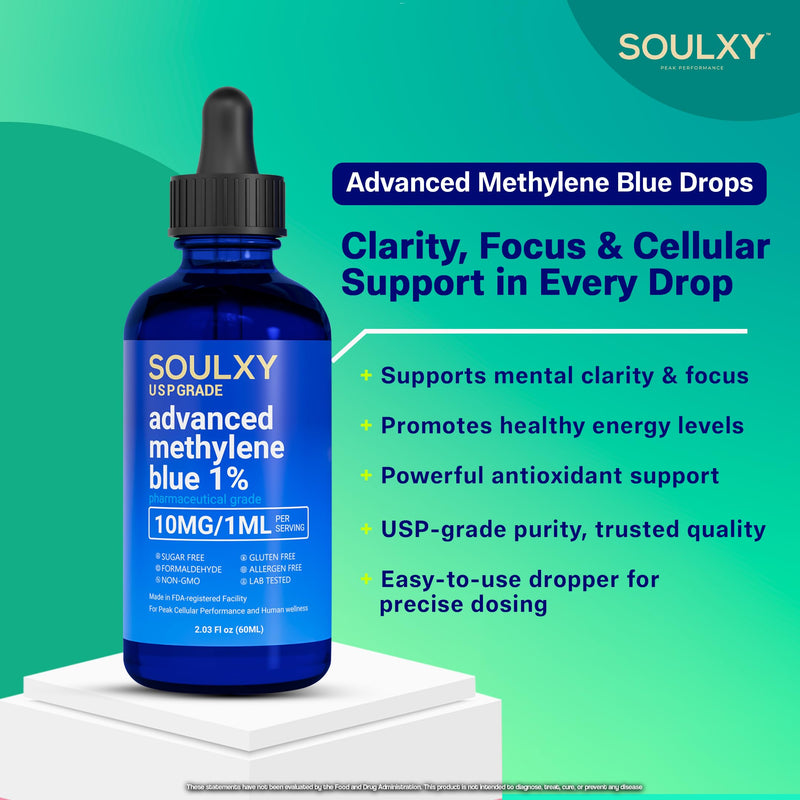 Advanced Methylene Blue 1% USP Pharmaceutical Grade - Methylene Blue Drops 99.9% Pure Solution for Balance, Clarity, Focus and Cellular Support - Vegan, Non-GMO, Dye Free 10 mg / 1 ml - 60 ml