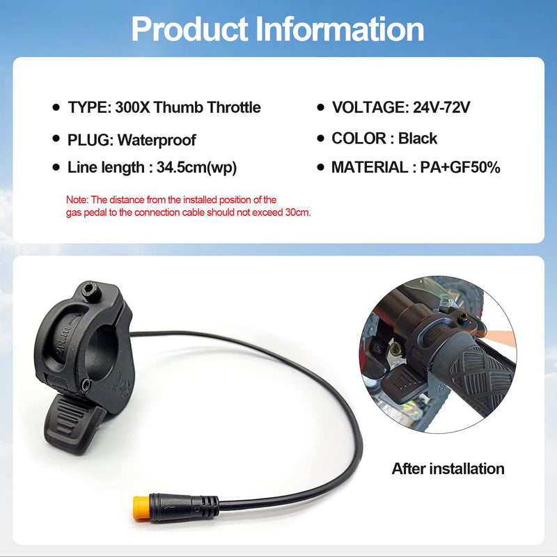 Electric Throttle 300X Thumb Throttle for 7/8inch 22mm Left and Right Handlebars 12v 24v 36v 48v 60v 72v Electric E-Bikes (M8 Waterproof Plug)