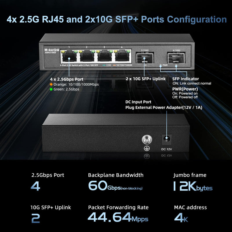 MokerLink 4 Port 2.5G Ethernet Switch with 2x10G SFP, 4 x 2.5G Base-T Ports Compatible with 10/100/1000Mbps, Metal Unmanaged Fanless Network Switch 4*2.5G,2*10G SFP