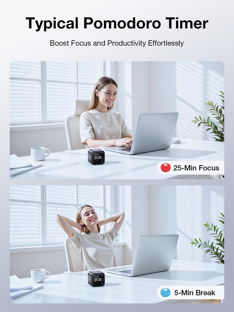 TK3 Pomodoro Timer Cube, Desk Productivity Timer with 5/10/30/60 Min Presets, Custom Countdown, Stopwatch, Clock, 3 Alarm, Silent, Vibrate & Sound Alert, for Task, ADHD, Study, Kitchen, Black
