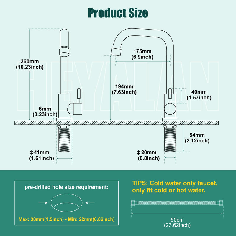Heyalan Faucet Cold Water Only Single Lever Handle SUS304 Sink Bar Tap 360 Degree Swivel Spout Decked Mounted Longer Thread Pipe,Brushed Nickel Brushed Nickel