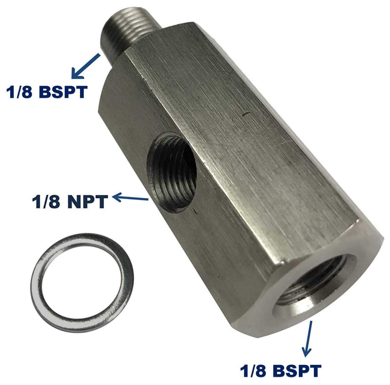 Oil Pressure Sensor Tee - 1/8 BSPT Female to Male With NPT Port Adapter for Turbo Supply Feed Line Gauge - Stainless Steel 1/8 BSPT to 1/8 BSPT, 1/8 NPT unpainted