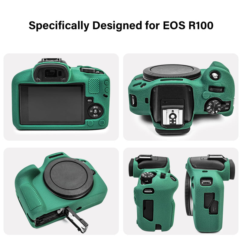 EOS R100 Camera Case Accessories Kit - Silicone Protective Case for Canon eos R100[Green] & LCD Screen Protector for Canon R100[2 Packs] & Camera Hot Shoe Cover for R100 GREEN