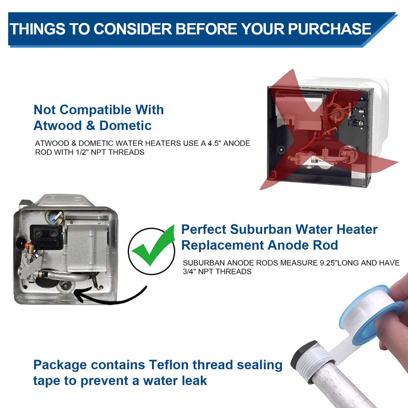RV Water Heater Anode, Hot Water Heater Flush Wand and Stainless Steel Brush Kit for Cleaning Sediment-9.26"L x 3/4" NPT Thread Magnesium Rod for Suburban and Mor-Flo, Camper Water Tank Rinser 7 Pcs Anode Rod Cleaning Kit