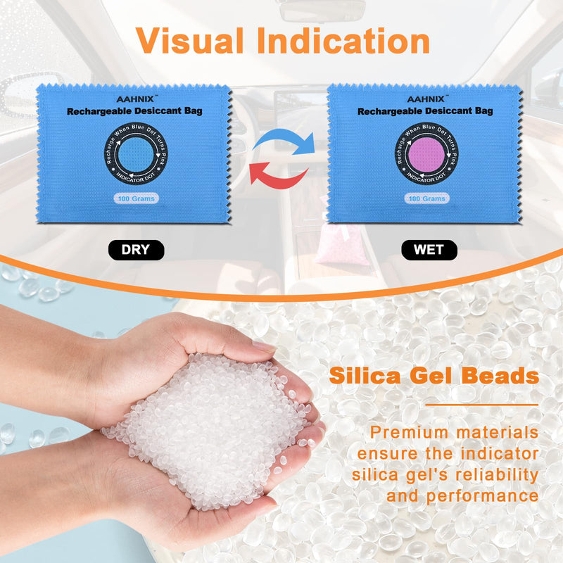 5 Pack Rechargeable Silica Gel Packets, 100g Each-Moisture Absorbers for Storage Bins, Safe Dehumidifier Bags, Desiccant Packs for Closets, Cars, and Electronics 5