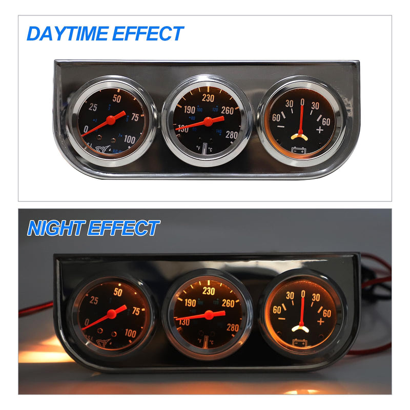 2" 52mm Triple Gauge Kit Chrome Panel 3in1 Car Meter Oil Pressure Fahrenheit Water Temp Ammeter Gauges for 12V Car Boat Truck Black Face