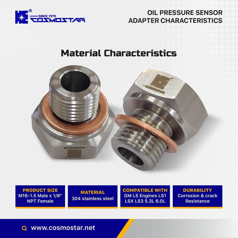 Cosmostar Stainless Steel Oil Pressure Sensor Adapter – M16-1.5 Male to 1/8" NPT Female, Compatible with GM LS Engines LS1 LSX LS3 5.3L 6.0L | High-Durability, Leak-Proof Precision for Engine Swaps