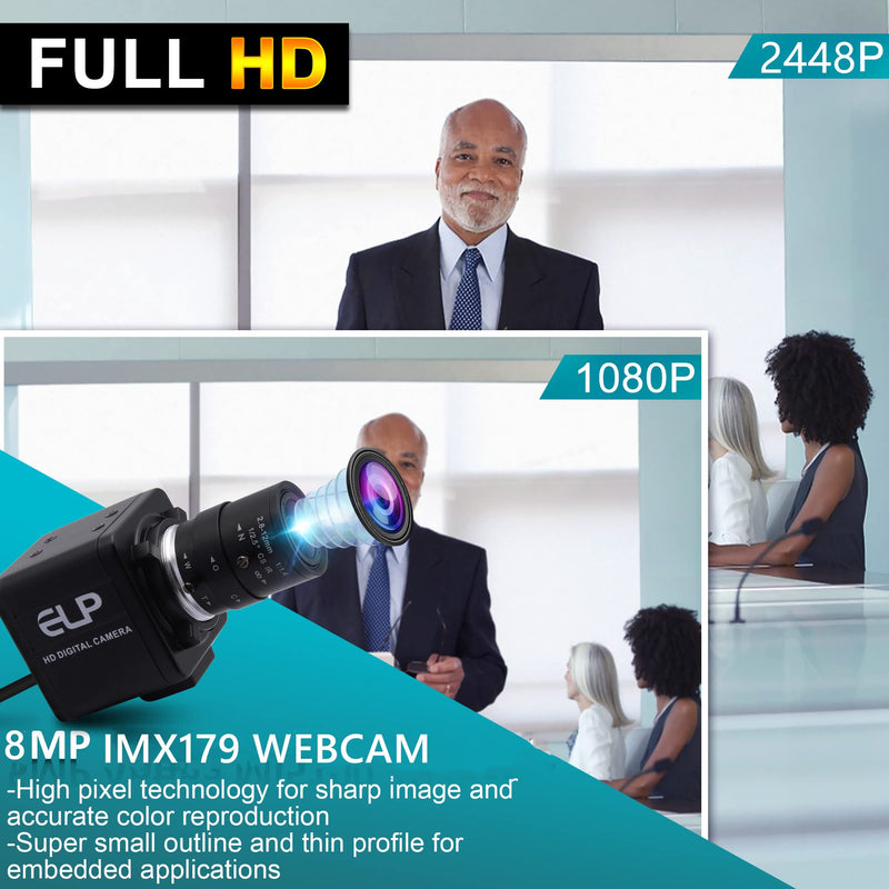 USB Camera 8MP 5X Optical Zoom Webcam 2.8-12mm Manual Varifocal Lens,USB Webcam with CMOS IMX179 Image Sensor Video Conference Web Cameras for Computer,Laptop, Raspberry Pi,Jetson Nano 2.8-12mm Varifocal Lens