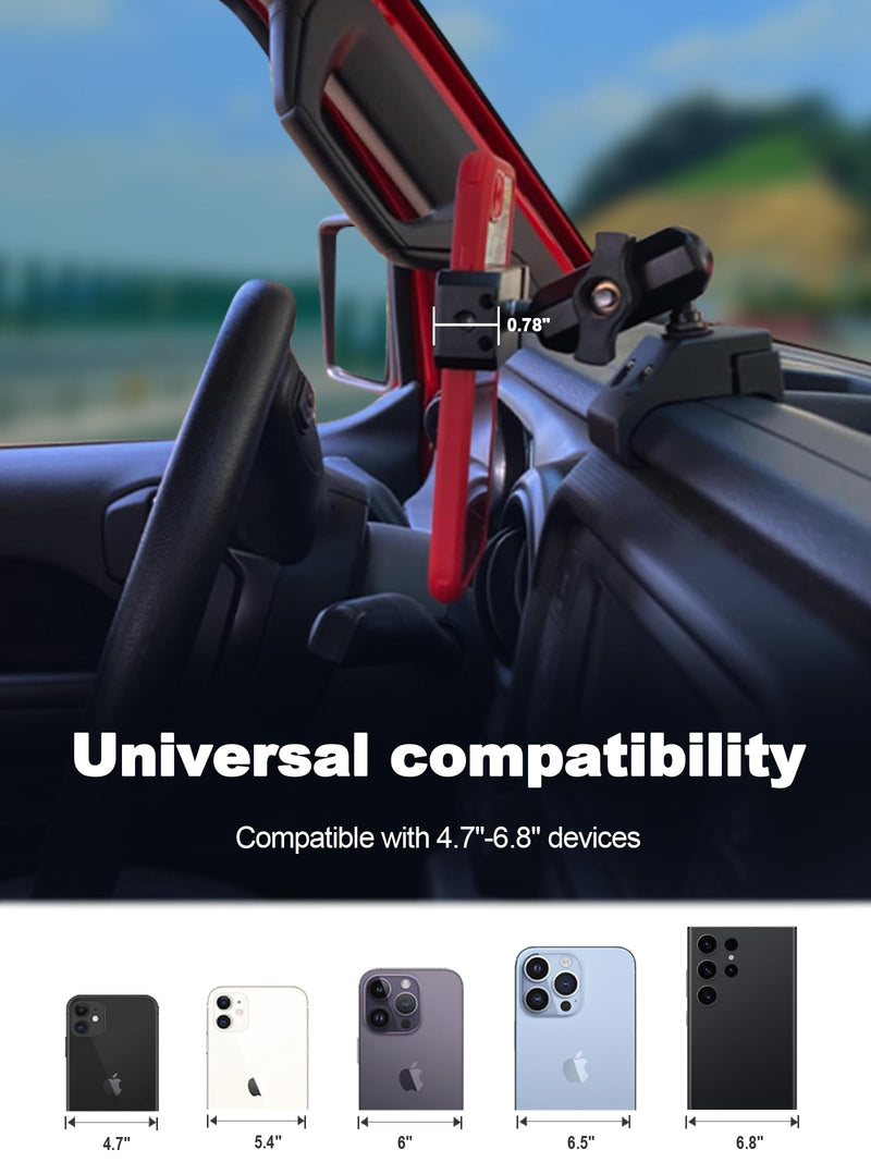 Upgraded Aluminum Alloy Phone Mount for Jeep Wrangler 2018-2023 JL JLU & 2020-23 Gladiator JT， Wrangler Phone Holder Fits All 4.7" to 6.8" Smart Device, Camera Button Friendly（Not for 2024+）