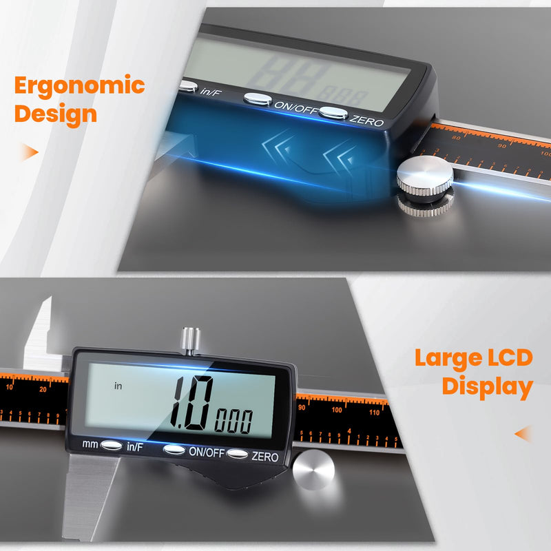 HARDELL Digital Caliper, Rechargeable Calipers with Large LCD Screen, Stainless Steel Caliper Measuring Tool, Auto-Off Micrometer, Inch/MM/Fraction for DIY/Household/3D-printing 6 Inch