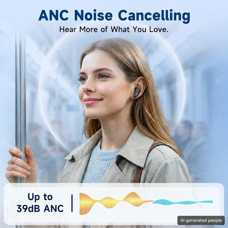 AOC Noise Cancelling Wireless Earbuds, 39dB ANC, 45H, LED Display, Black | in Ear Bluetooth 5.4 Headphones with 6 ENC Mic, Transparency Mode, Deep Bass Sound, 36 EQs via App, Fit for Sports, Commuting