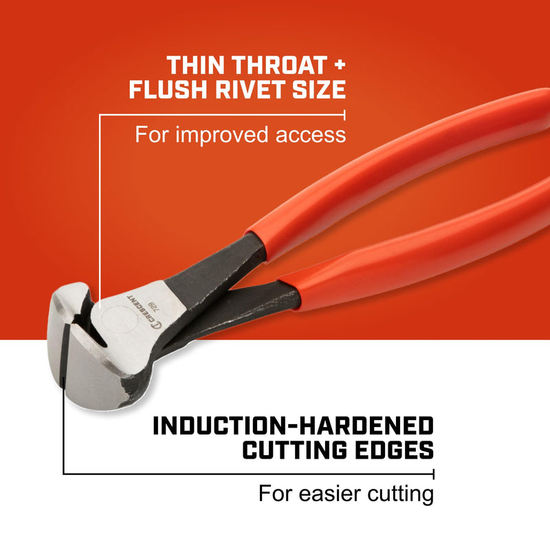 Crescent 8-1/4" End Cutting Nipper Pliers - End Cutting Pliers for General Purpose Use - High Leverage Ratio - Thin Throat - Flush Rivet Size - Dipped Handles - Industrial Grade - 728CVN-05