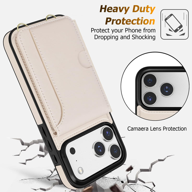 LOHASIC for iPhone 17 Pro Max Wallet Case with Strap, Card Holder, Beige | 4 Card Slots & Cash Slot, Crossbody Strap Removable, Wrist Strap, RFID Blocking, Kickstand, Vegan Leather Phone Case
