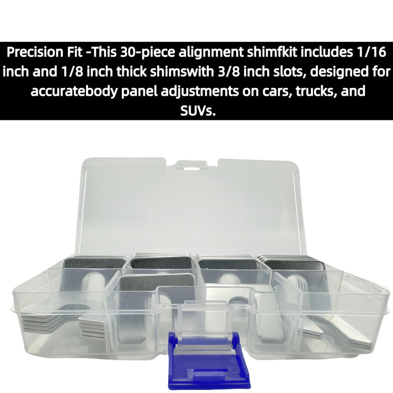 30Pcs Auto Body Alignment Shims Kit – 1/16 Inch and 1/8 Inch Thick Fender Shims with 3/8 Inch Slot – Universal Automotive Alignment Spacers for Car Truck SUV Body Panel Door Hood Gap Adjustment