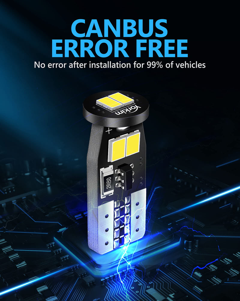 Yorkim 194 LED Bulb White CANBUS Error Free T10 LED 6-SMD 2835 Chipsets 2825 168 W5W Bulb No Polarity Replacement Bulbs for Map Dome Trunk Liscense Plate Lights, Pack of 10