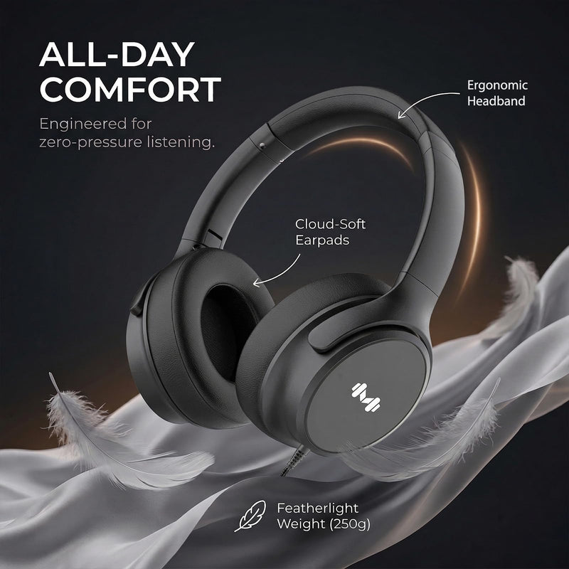 Wired Over-Ear Headphones, Mic, 3.5mm Plug, USB-C Adapter, Black | Foldable, adjustable headphones with soft cushions, inline mic, 3.5mm plug, and USB-C adapter for laptop, phone, and travel.
