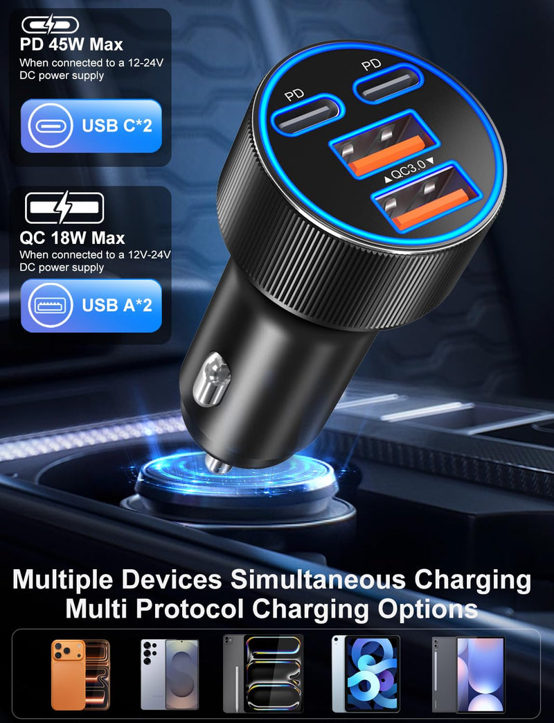 USB C Car Charger, 3 Pack 90W 4-Port Dual 45W Super Fast Car Phone Charger PD/QC 3.0 Fast Charging 12V Cigarette Lighter Adapter Plug for iPhone 17 16e 15 14 Pro Max, Galaxy S26 S25, Android Black