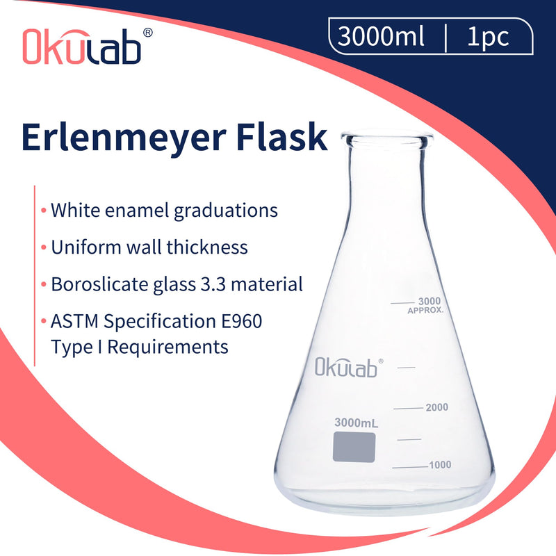 Conical Flask Set, Glass Erlenmeyer Flasks, 3000ml Lab Erlenmeyer Flasks, Borosilicate 3.3 Glass Material with Printed Graduation，EFNG3000A1 Vol.3000ml, pack of 1