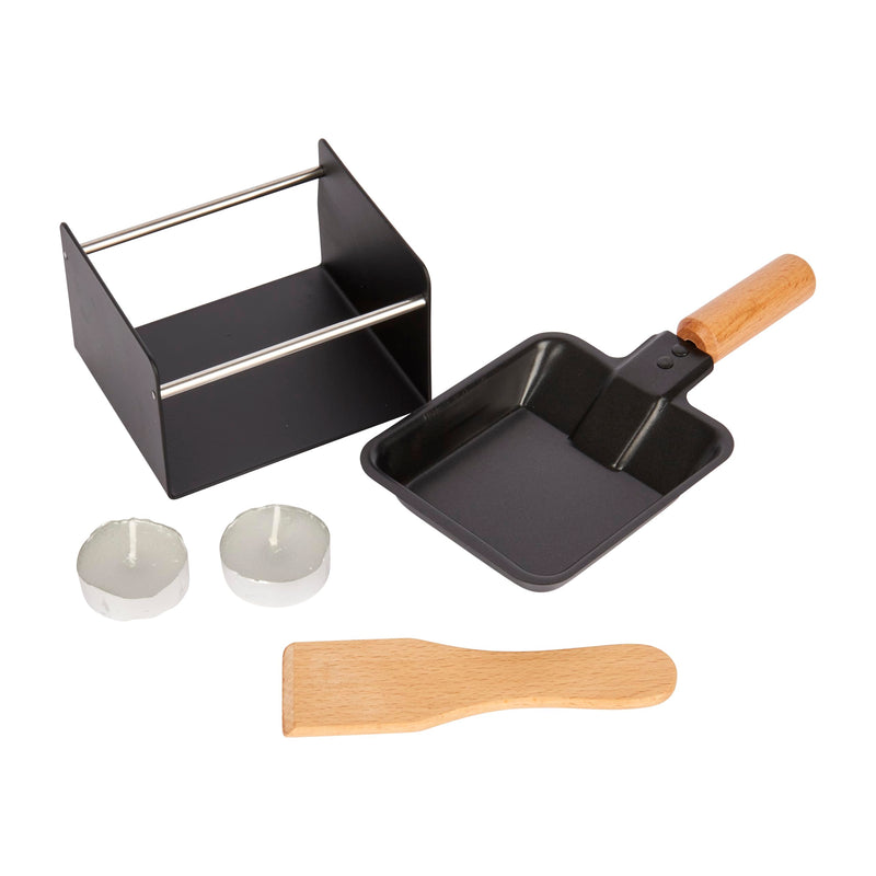 Artesà Mini Raclette Grill Cheese Individual Set for 2, Small Iron Cheese Fondue Melter, Metal Rack with Non Stick Pan, Wooden Spatula and 2 Candles Mini Raclette Grill Set