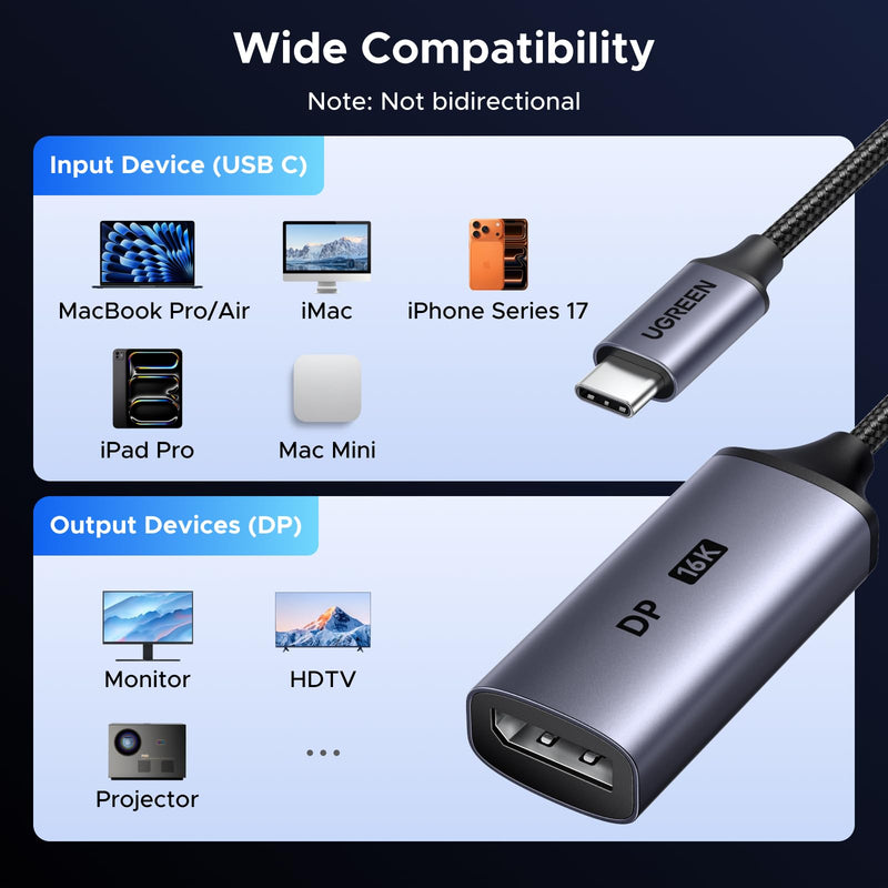 UGREEN 16K@60Hz USB C to DisplayPort 2.1 Adapter 8K@120Hz 48-bit Color Depth 80Gbps Thunderbolt 5/4 to Display Port Compatible with iPhone 17 ProMax, MacBook Pro/Air/Mini, iPad, Galaxy, Steam Deck