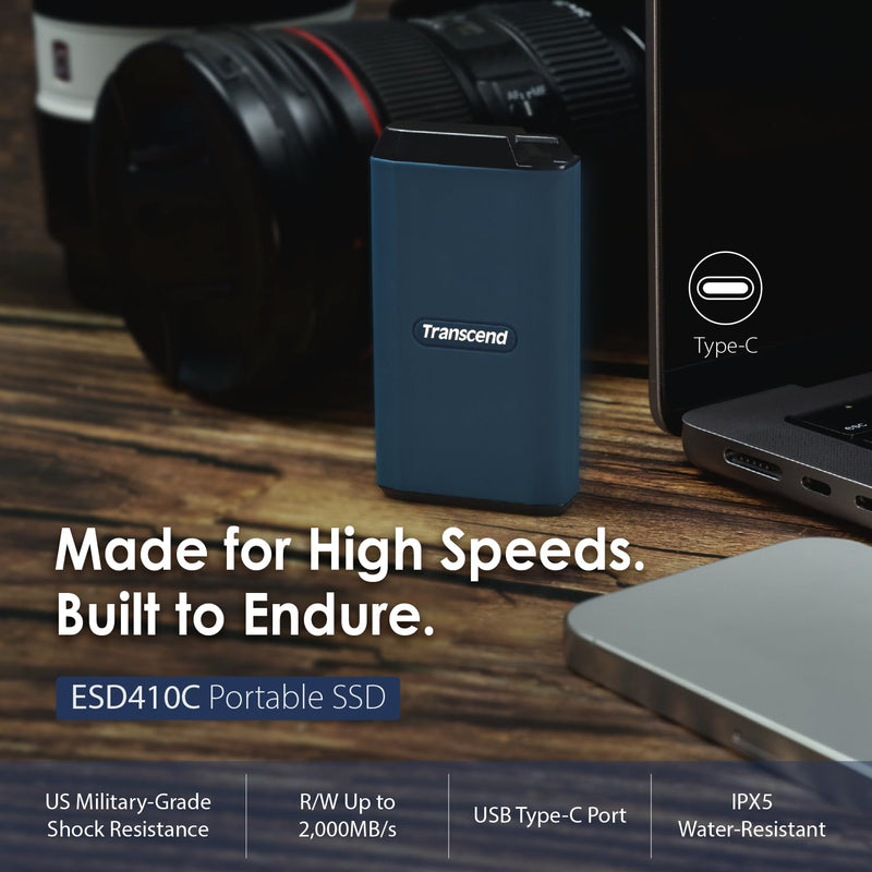 Transcend 1TB External SSD, Up to 2000MB/s, Supports Apple 4K 60fps ProRes, USB Hard Drive for iPhone15,16/iPad/Mac/Tablets/PS5/Windows/Android, IPX5 Water-Resistant USB 3.2 Gen2 (20Gbps) Portable SSD ESD410C