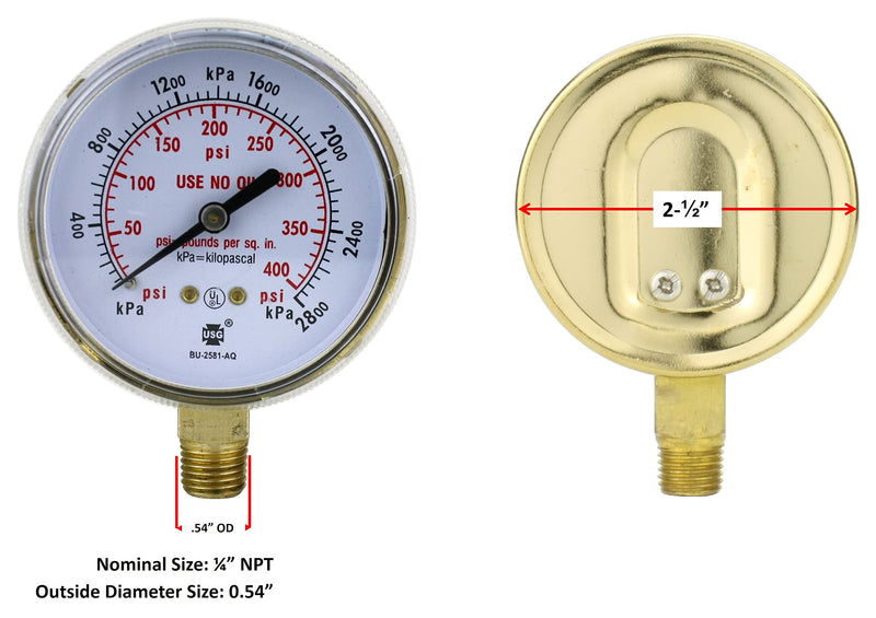 SÜA - High and Low Pressure Gauge for Heavy-Duty Acetylene/Propane Regulators 0-400 psi & 0-30 psi - 2.5 inches - Thread: 1/4" NPT High & Low