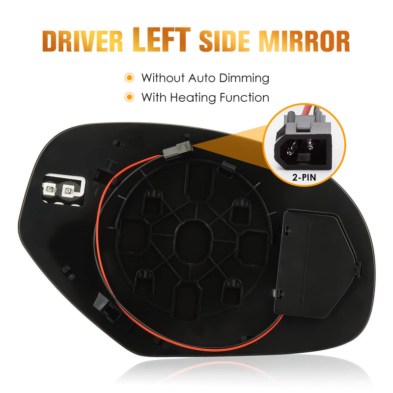 Driver Left Side Heated Mirror Glass Fits for 2007-2014 Cadillac Escalade Chevy Avalanche Silverado Suburban Tahoe GMC Sierra Yukon 1500 2500 2500HD 3500HD for GM1324138 2 PIN & 4 PIN, w/o Blind Spot
