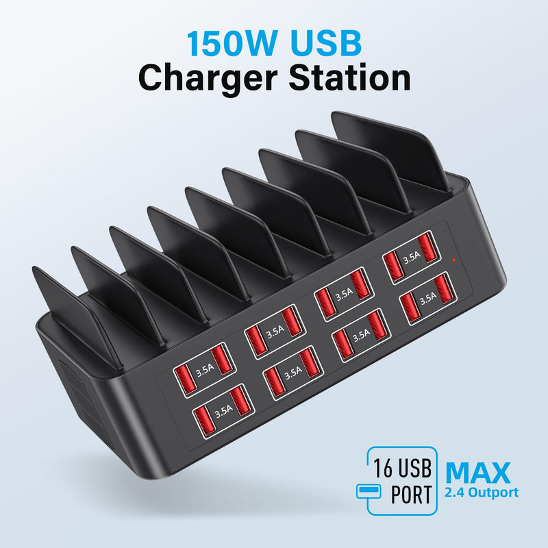 Charging Station for Multiple Devices, 150W USB Charger Station with16 Fast Charging Ports, Ipad Charging Station for Apple Devices Fire Tablets iPhone Samsung Android