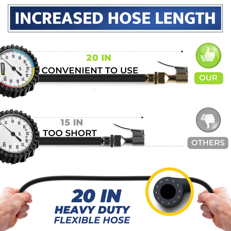 Tire Inflator with Pressure Gauge and Longer Hose - Most Accurate, Heavy Duty Air Chuck with Gauge for Air Compressor Tire Inflator Attachment - 100PSI 100 psi Classic style