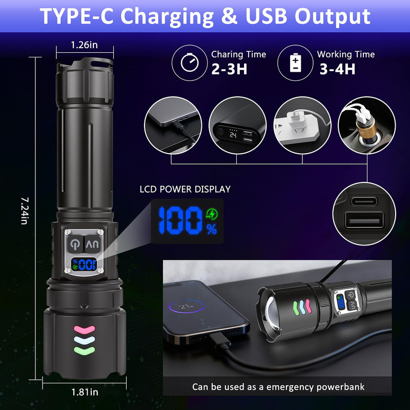 365nm UV Flashlight Black Light, Rechargeable 2-in-1 White and Ultraviolet Light Combo, Zoomable LCD Display UV Light for Pet Urine Detection, Resin, Rocks, Scorpion, AC Leak, Camping, Emergencies