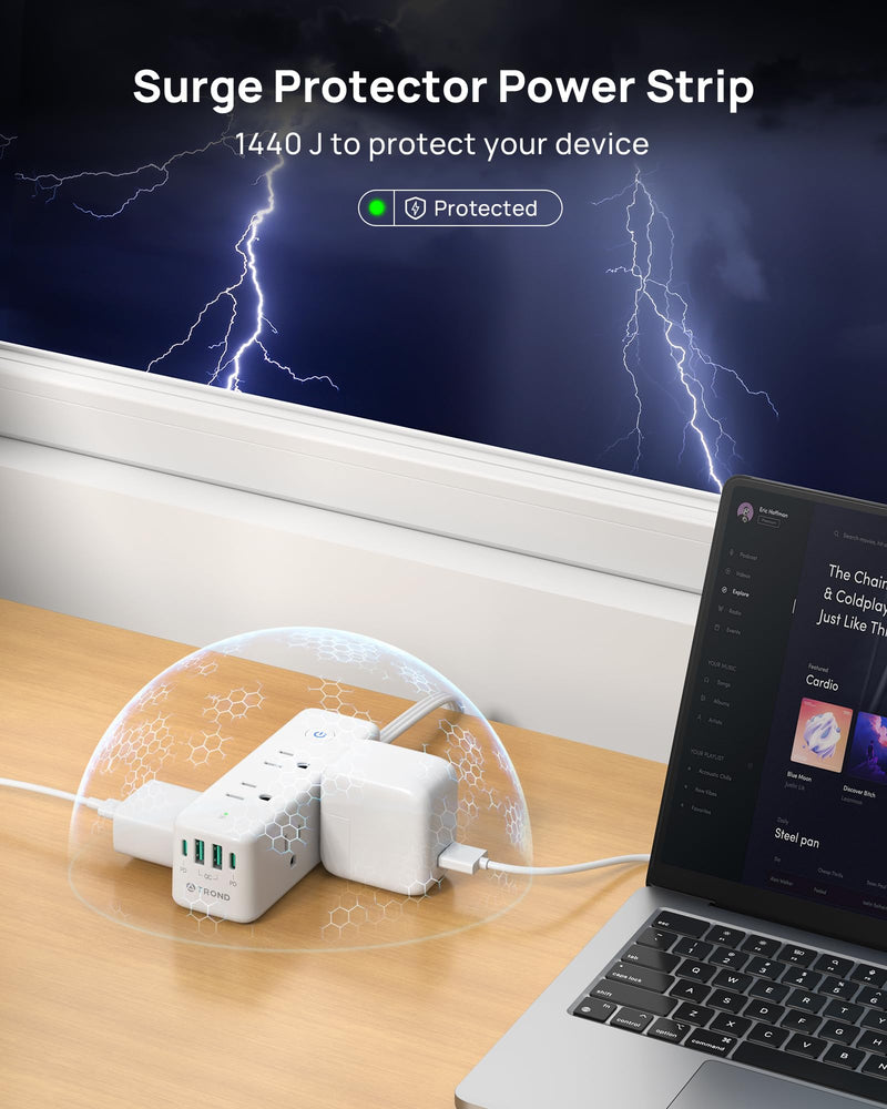 TROND Surge Protector Power Strip with 360 Rotating Flat Plug, White | 3ft Extension Cord, 6 Widely Spaced Outlets and 2 USB-C PD20W Ports, 1440J Surge Protector for Home Office Dorm Essentials