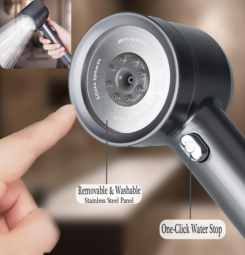 High Pressure Shower Head with Handheld, with Pause Switch 4 Spray Modes Water Saving Filter Showerhead, Showerhead Set with Hose, Bracket and Cotton Filter, Make Bathing Healthier (Grey) Gray