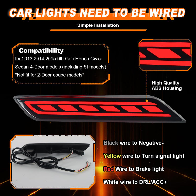 LED Rear Bumper Reflector Light for 2013-2015 Honda Civic Sedan, Tail Lamp with Brake Light, DRL, Turn Signal, Replace OE# 33505-TR0-A51 33555-TR0-A51 (Smoked Lens) Smoked Lens