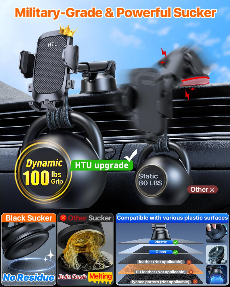 Car Phone Holder【2026 Upgraded 100+LBS Suction & Safety Cert】 Cell Phone Car Mount for Truck Heavy Duty Phone Holder for Dashboard/Windshield/Vent for iPhone 17 16 Pro Max, Dark Black