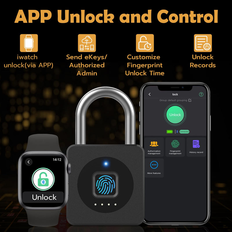 Pothunder Fingerprint Lock With APP, Steel Cable Keyless Biometric Padlock, Smart Waterproof for Gym, Locker, Helmet, Gate, Fence, Luggage Black with Cable