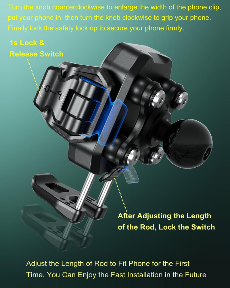 BRCOVAN Anti-Theft Phone Mount Holder with Vibration Dampener, 1s Locking | Don't Block Camera, with Aluminum Diamond Base & Medium Arm, for Car Boat Truck Motorcycle UTV, Fit 5.4-7.2'' Smartphones