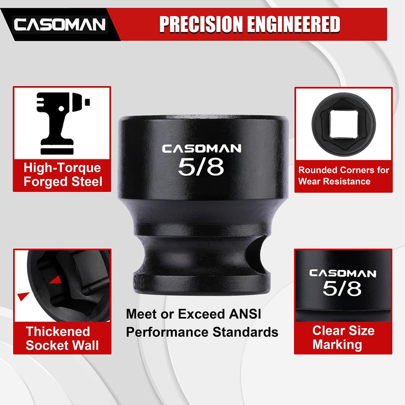 CASOMAN 12PCS 3/8" Drive Stubby Impact Socket Set, Low Profile, 5/16" - 1", SAE, CR-MO, 6-Point, 12 Pieces Shallow Socket Set for Automotive Maintenance, Repairs and DIY, for Tight Areas 3/8"Dr. 12-Piece (5/16" - 1")