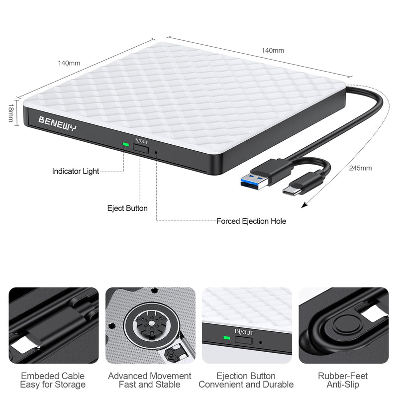 External CD/DVD Drive for Laptop PC Mac, CD Burner DVD Player for Laptop | USB 3.0 USB C CD DVD +/-RW Drive External CD Reader for Laptop Desktop PC Windows 11/10/8.1/7 Linux MacBook Mac OS White 2 in 1 White