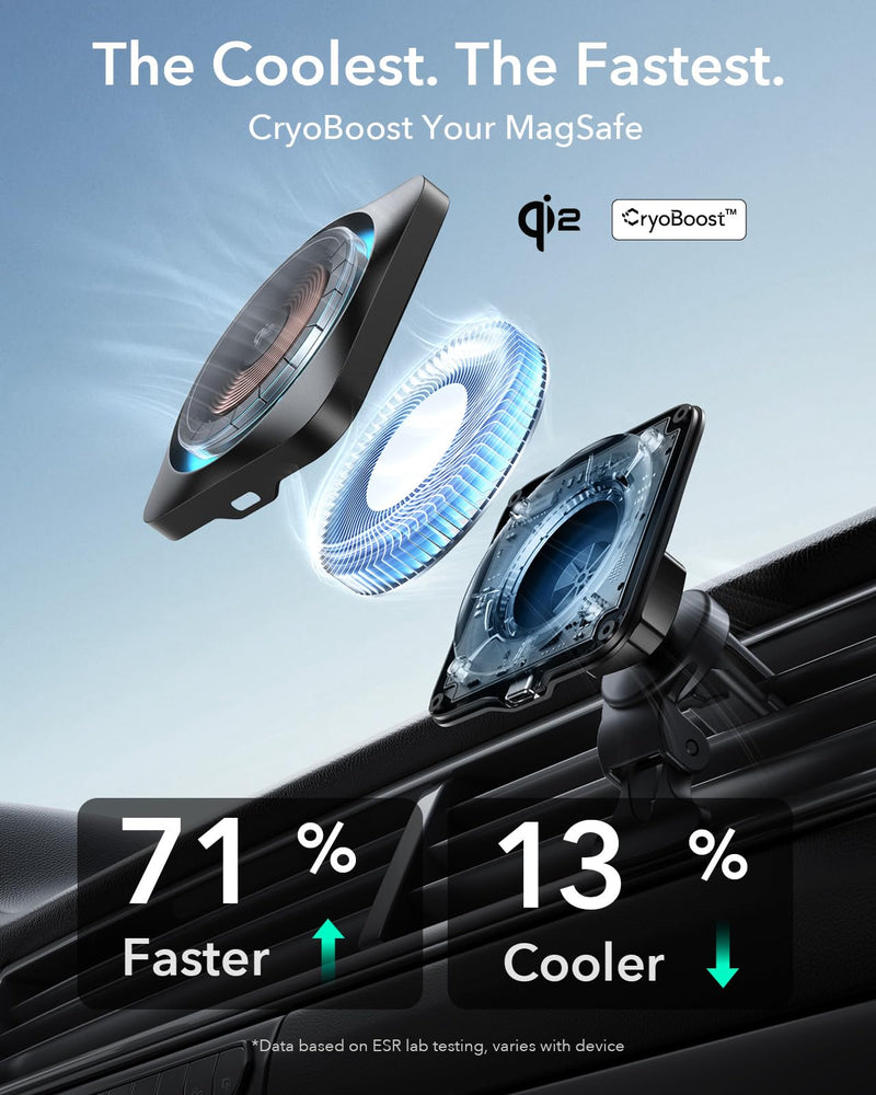 ESR for Qi2 15W MagSafe Car Mount Charger with CryoBoost, Phone Cooling MagSafe Car Charger, Air Vent/Dashboard Wireless Charging for iPhone 17/16/15/14/13/12, S25 Series, Pixel 10, Fast Charger Qi2 15W - CryoBoost