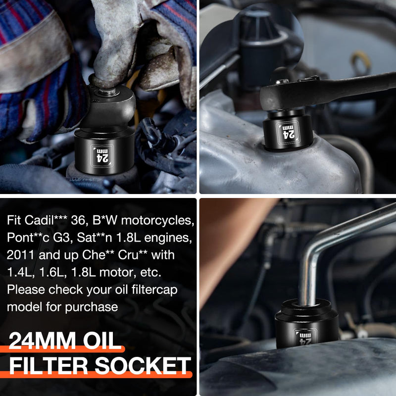 BLACKROBOT 24mm Low Profile Oil Filter Socket, 3/8" Drive 6-Point Oil Filter Cap Remover and Installer Tool, Chrome Vanadium Steel