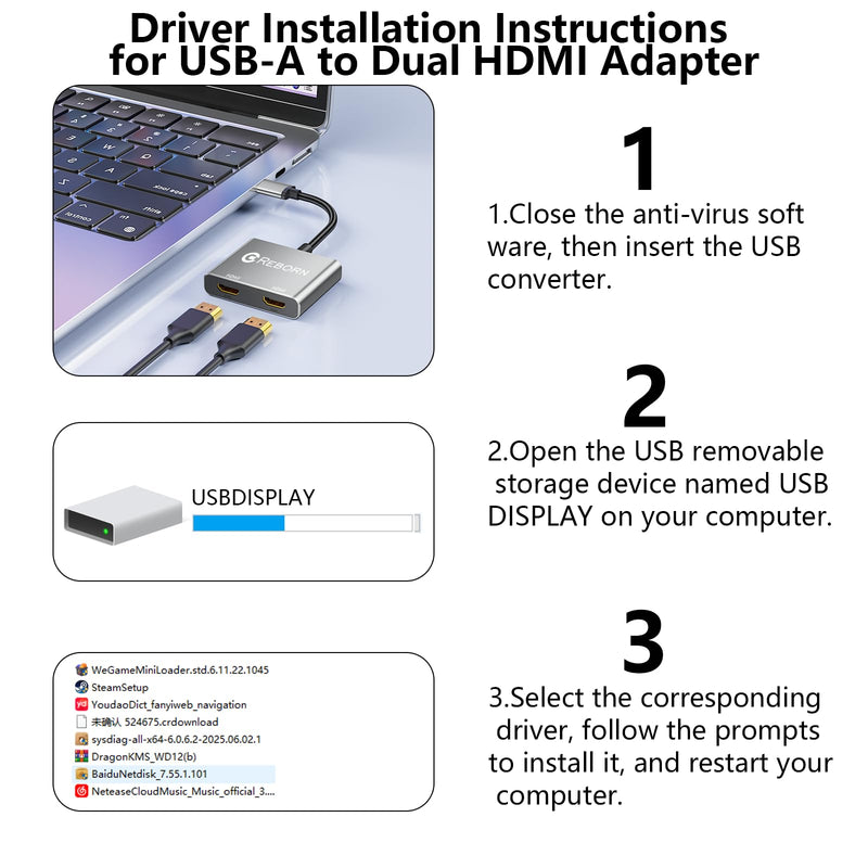 Reborn USB to HDMI Adapter, 1080P@60Hz USB 3.0 Male to Dual HDMI Female Multi-Display Cable Converter Suitable for MacOS, Windows 7/8/10/11 - Driver Installation is Required