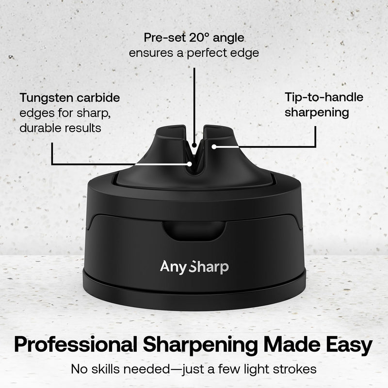 AnySharp – EVO – Hands Free Knife Sharpener - Easy to Use Sharpening Tool with Improved PowerGrip Suction Base and 20-Deg Pre-set Angle - For All Knives: Chef’s, Serrated, and Hardened Steel - Black One Size