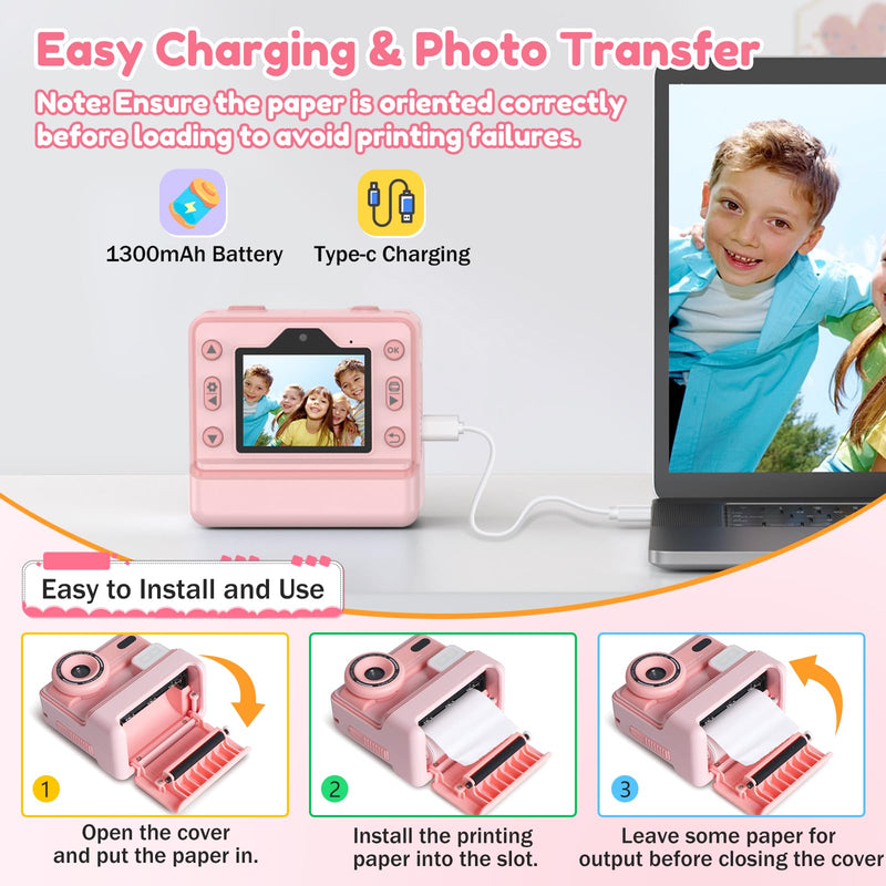 Kids Camera Instant Print, Dual-Lens Selfie Camera for Kids with 1080P Videos, 2.4 Inch Screen, 32GB SD Cards & 3 Rolls Print Paper, Christmas Birthday Gifts for Girls Age 3-12 Pink