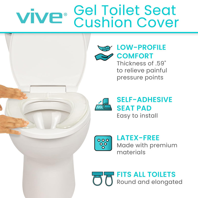 Vive Gel Toilet Seat Cushion Cover - Raised Padded Riser Cushion for Elongated, Standard, and Commode Chairs- Seat Warmer Pressure & Pain Relief Comfort- Adhesive Donut Pad for Elderly, Seniors Clear