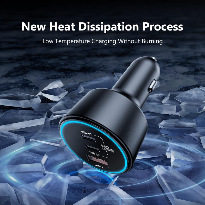 USB C Car Charger, 2Pack 3-Port 200W Dual USB-C & USB-A Phone Car Charger Adapter PD/QC Fast Charging Cigarette Lighter for Phone 16 15 14 13 12 Pro Max, Laptop MacBook Samsung Galaxy S24