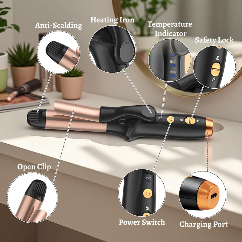  [AUSTRALIA] - Curling Tong, 25mm Cordless Hair Curler for Natural Waves and Curls, Ceramic Cordless Curling Wand with 3 Gear Temperature, Travel Mini Curlers 4000 mAh with USB Cable Storage Bag, Rose & Black