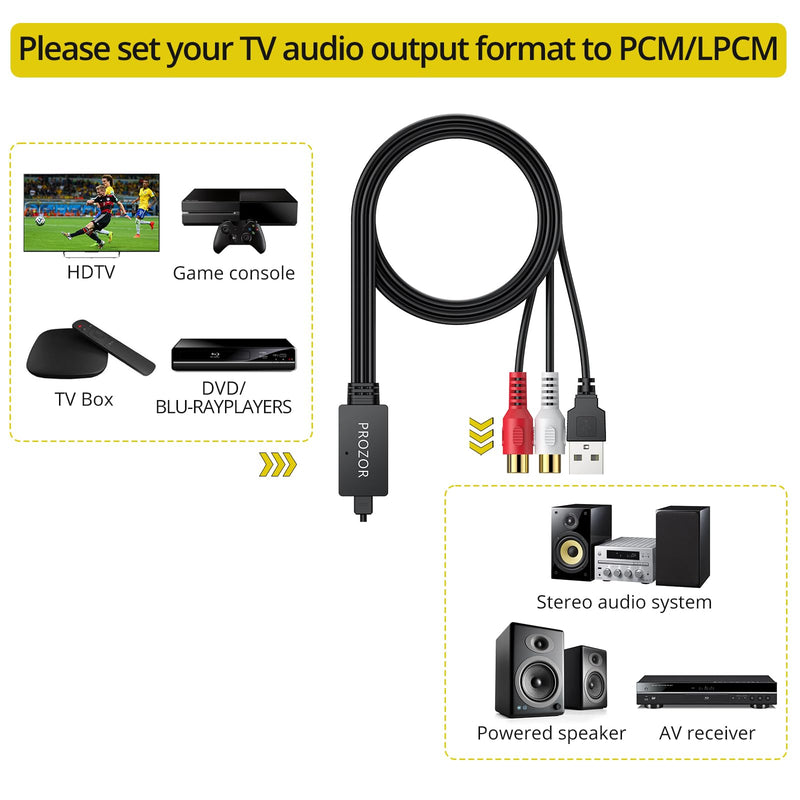 PROZOR 192kHz Optical to RCA Female Converter 2ft Cable | Built-in Audio Amplifier Chip Digital to Analog Audio Converter DAC Digital Audio Converter for HDTV Amp Blu-Ray DVD PS3 PS4