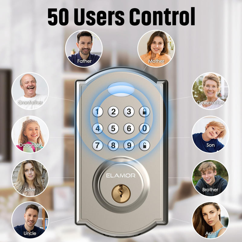 Keyless Entry Door Lock - Electronic Door Lock with Keypad, Smart Deadbolt Lock with Auto Lock, Security Waterproof Smart Lock, Easy to Install, Ideal for Front Door, Home Use, Apartment - ELAMOR M19 Sand Nickel