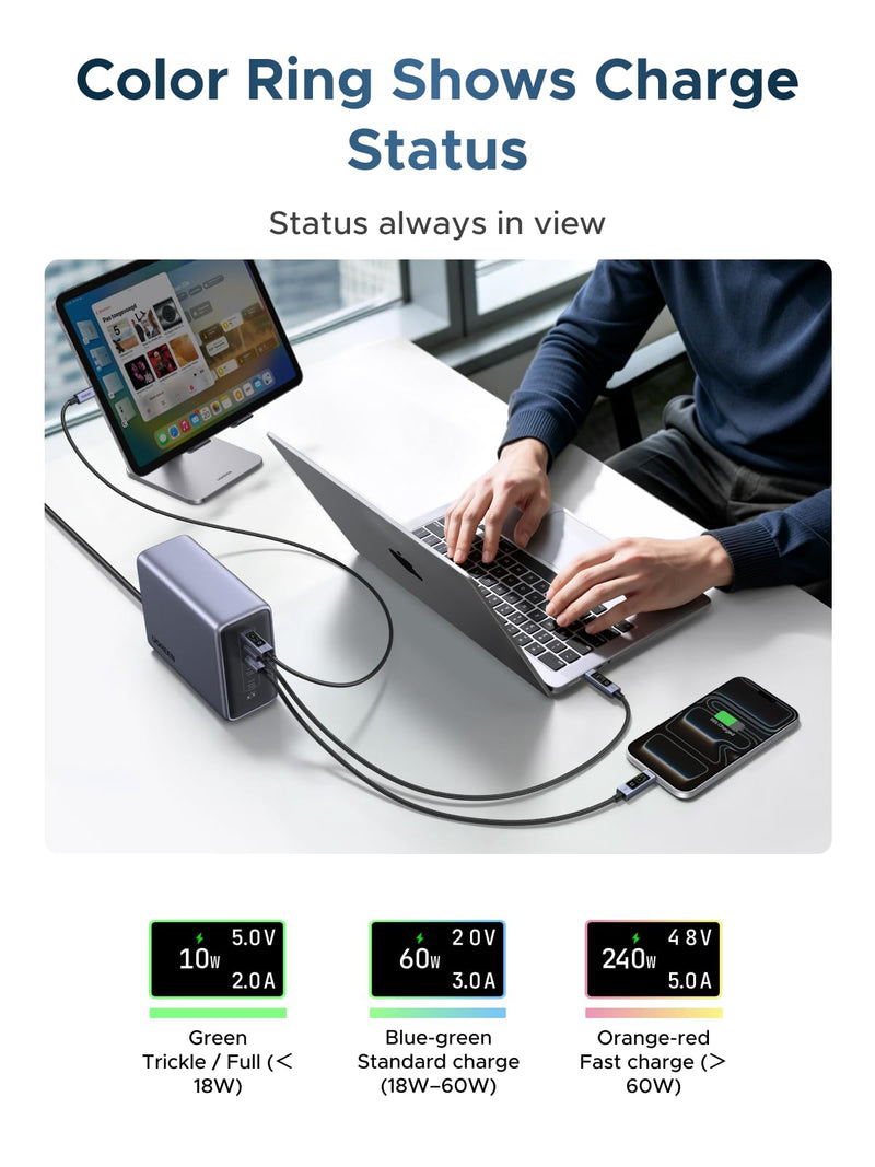 UGREEN Nexode 240W USB-C to USB-C Cable with TFT Smart Display, 6.6ft | Tap to rotate, long-press off. Nylon braided + aluminum. 480Mbps sync. For iPhone, MacBook, Galaxy, Pixel, XPS, Switch & more 1