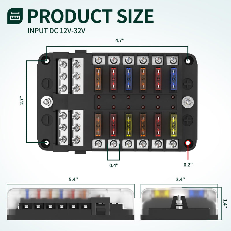 DaierTek 12 Way Fuse Block, 12 Volt Blade Fuse Block with LED Indicator 12 Circuit Fuse Box 12V ATO/ATC Marine Fuse Panel 24V with Waterproof Cover Fuse Terminals for Automotive Boat Car RV